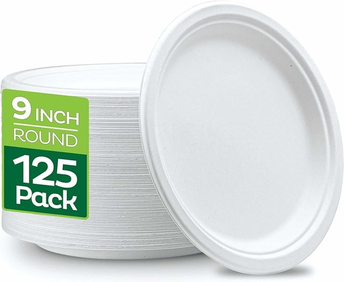 BPA Free Compostable 9 Inch Heavy-Duty 125-Pack Disposable Round Bagasse Pulp Paper Plate