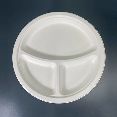 Weiß 3 Abteilungen Bagasse Tray Originalfarbe Abendessen Zuckerrohr Bagasse Pulp 10 Zoll runde Teller