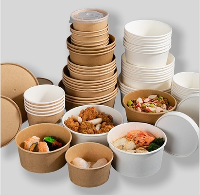 Disposable Paper Cups Round Food Container Biodegradable Take Away Fast Food Kraft Paper Salad Bowl With Lids