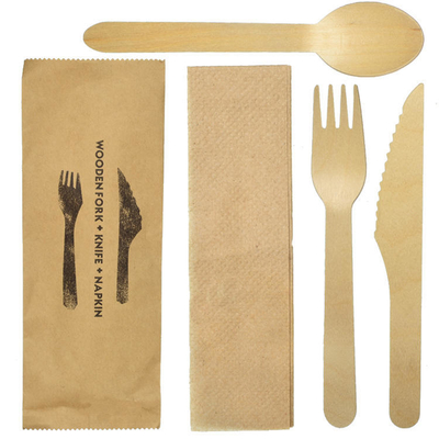 Kraft Paper Wooden Tableware Cutlery Set Spoon Fork Knife with Envelope Pouch Sleeve Packing for Wedding